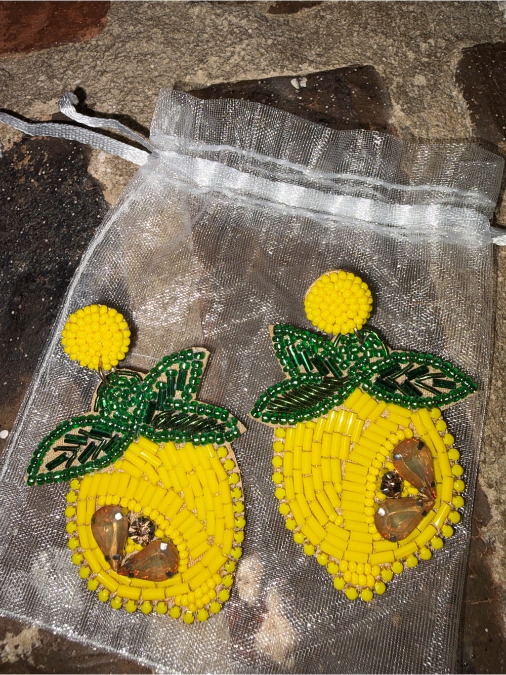 Beaded Lemon Earrings with Green Leaves NWOT